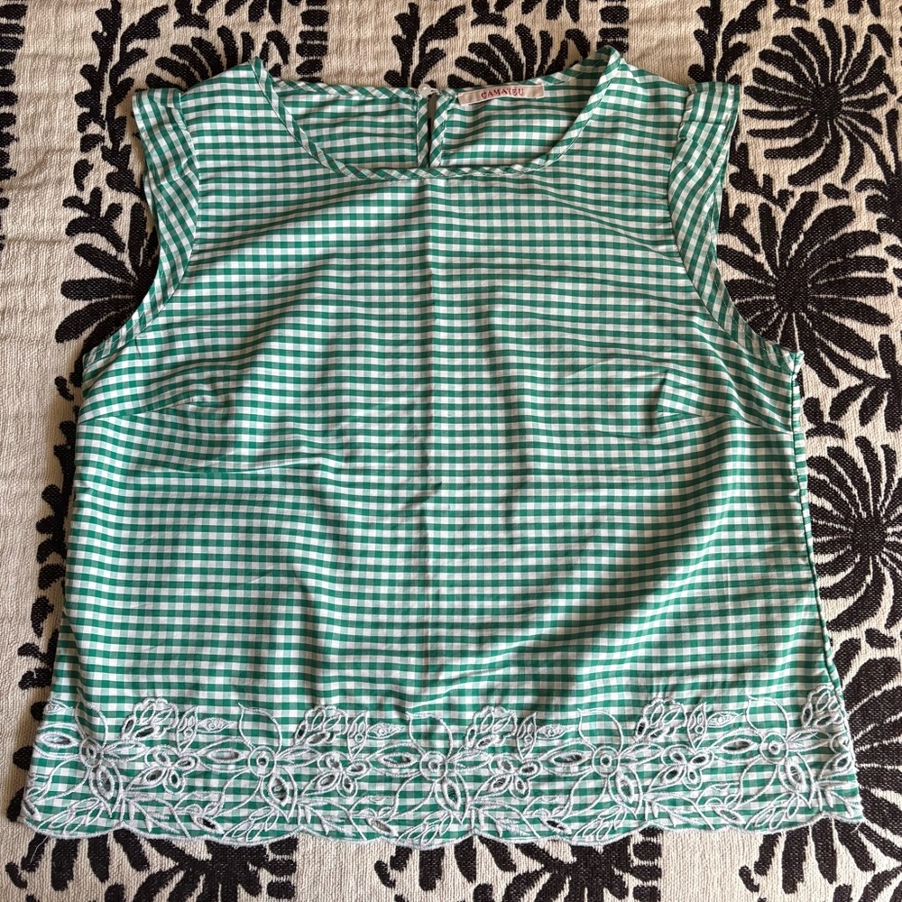 Camaïeu Green and White Gingham Eyelet Top